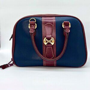 Vintage Carryland Satchel Bag Navy Burgundy Faux Leather Structured Handbag